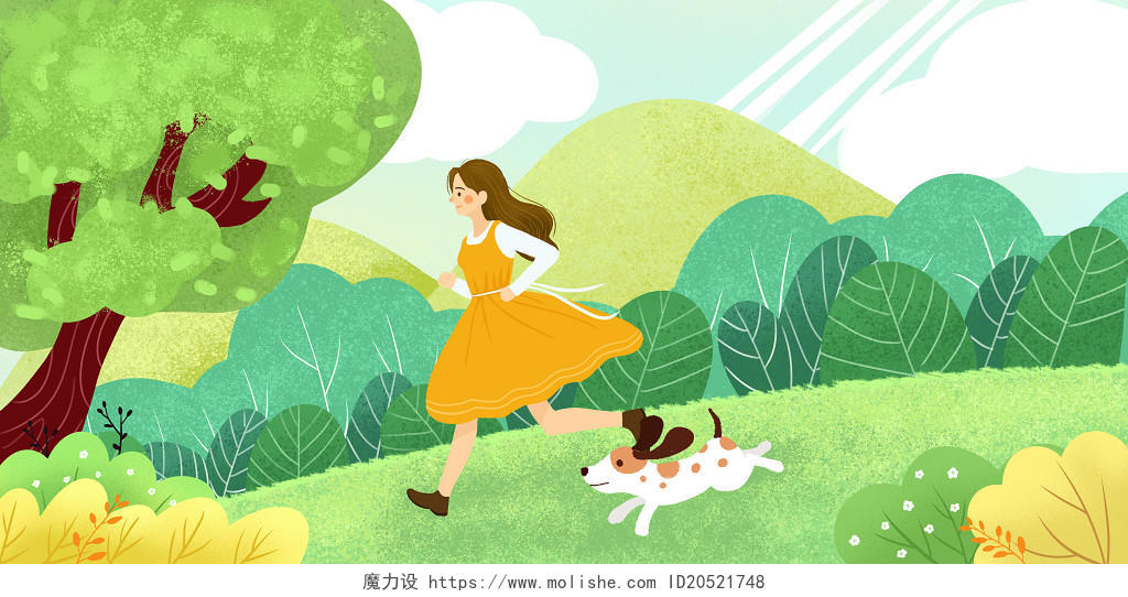 春暖花开唯美清新绿色春季女孩运动跑步遛狗插画